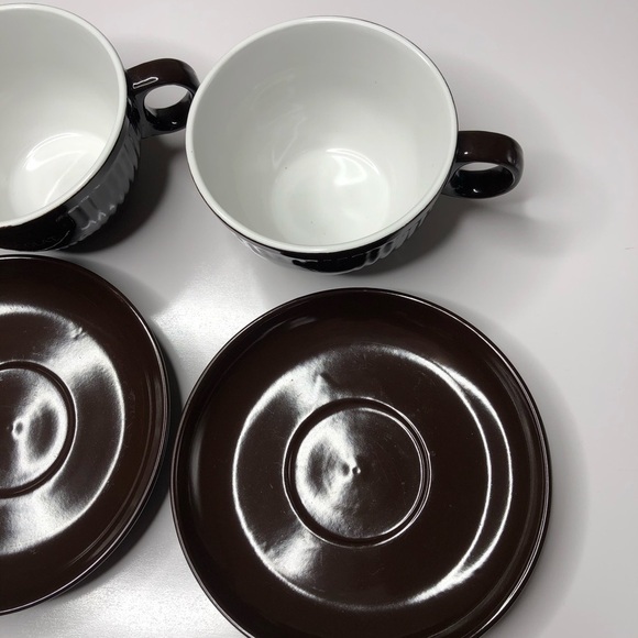 Paris Hot Chocolate Rich Brown Ridged Mugs & Saucers Cozy Winter Cups Set of 2 - Picture 7 of 12